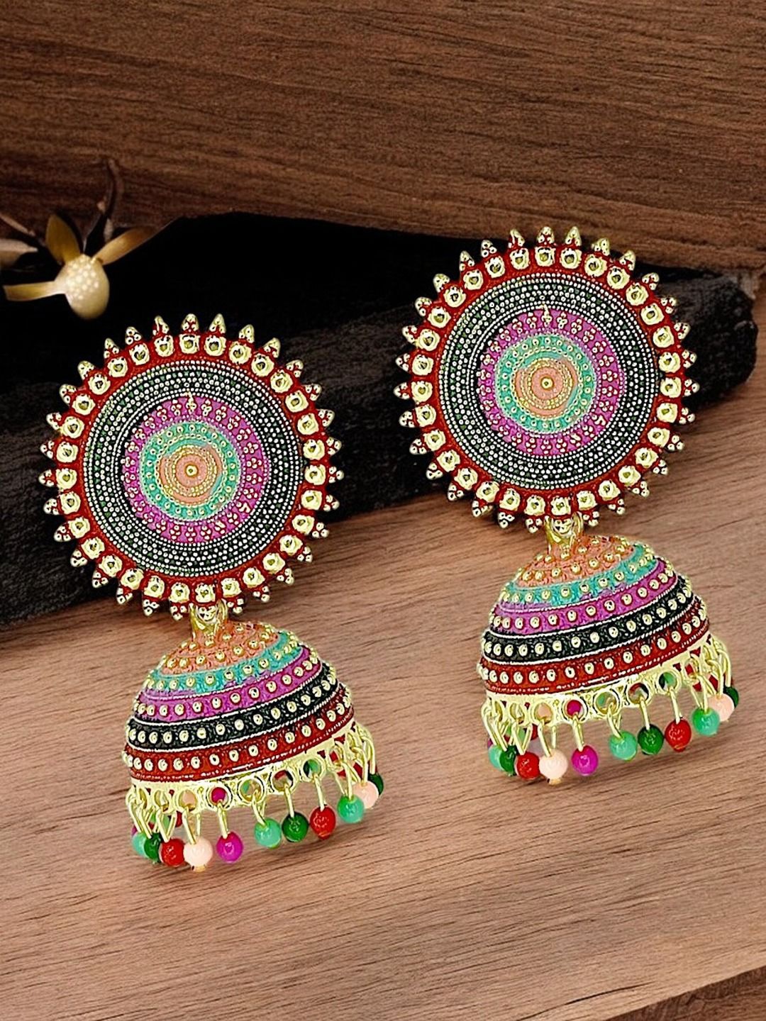 

FEMMIBELLA Gold-Plated Dome Shaped Beaded Meenakari Jhumkas, Multi