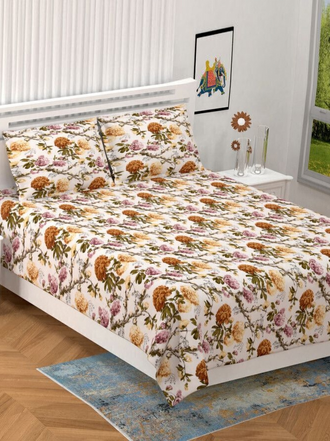 

BILBERRY Furnishing by preeti grover Cream-Coloured & Green Floral 180 TC King Bedsheet with 2 Pillow Covers