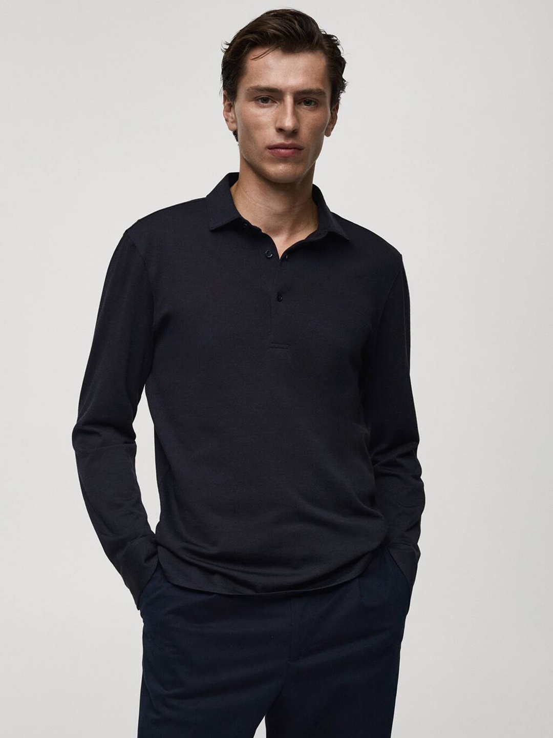 

MANGO MAN Men Polo Collar Woollen T-shirt, Navy blue
