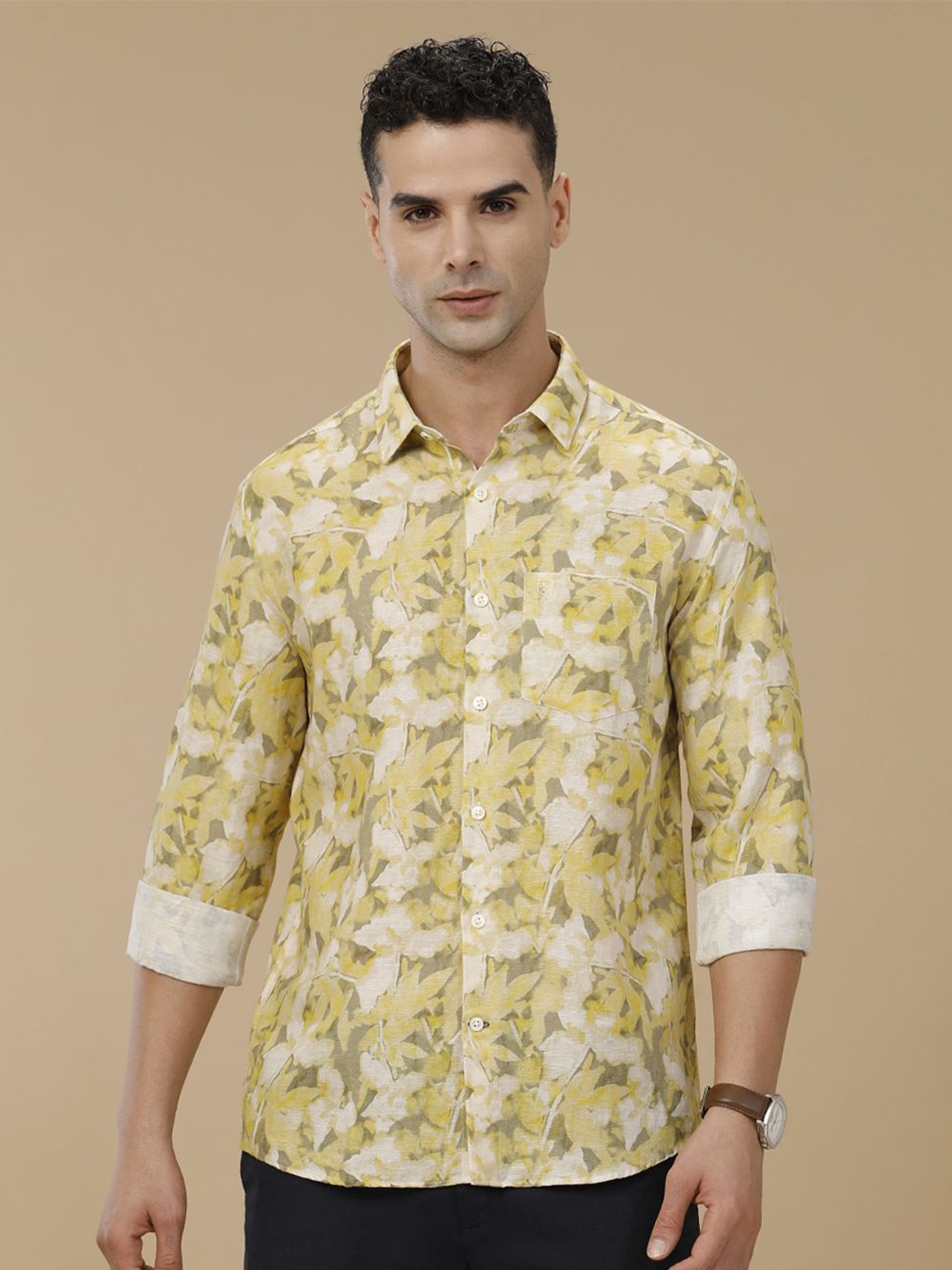 

Linen Club Contemporary Slim Fit Floral Printed Linen Cotton Casual Shirt, Yellow