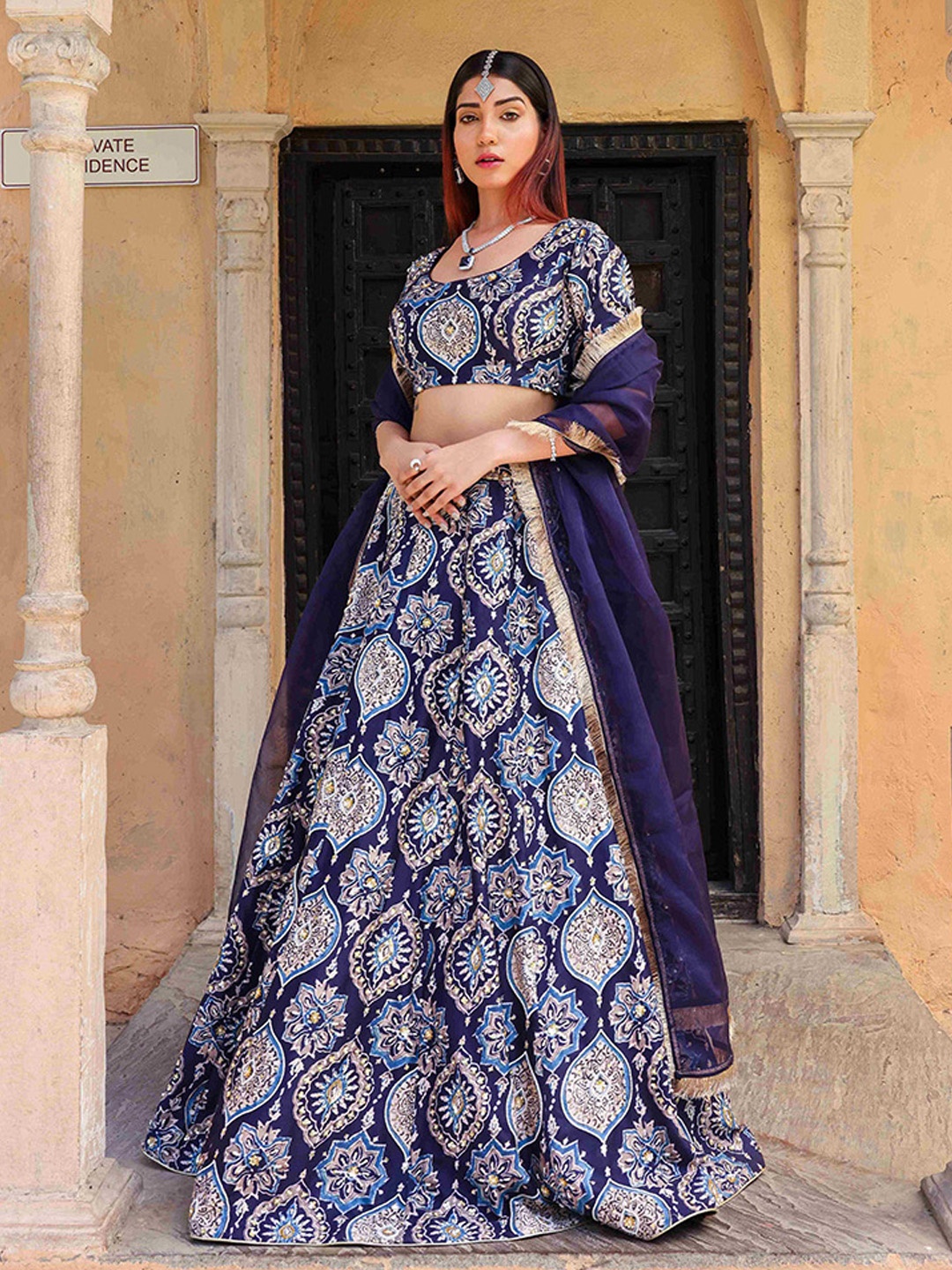 

The Front Row Embellished Ready to Wear Lehenga & Blouse With Dupatta, Navy blue