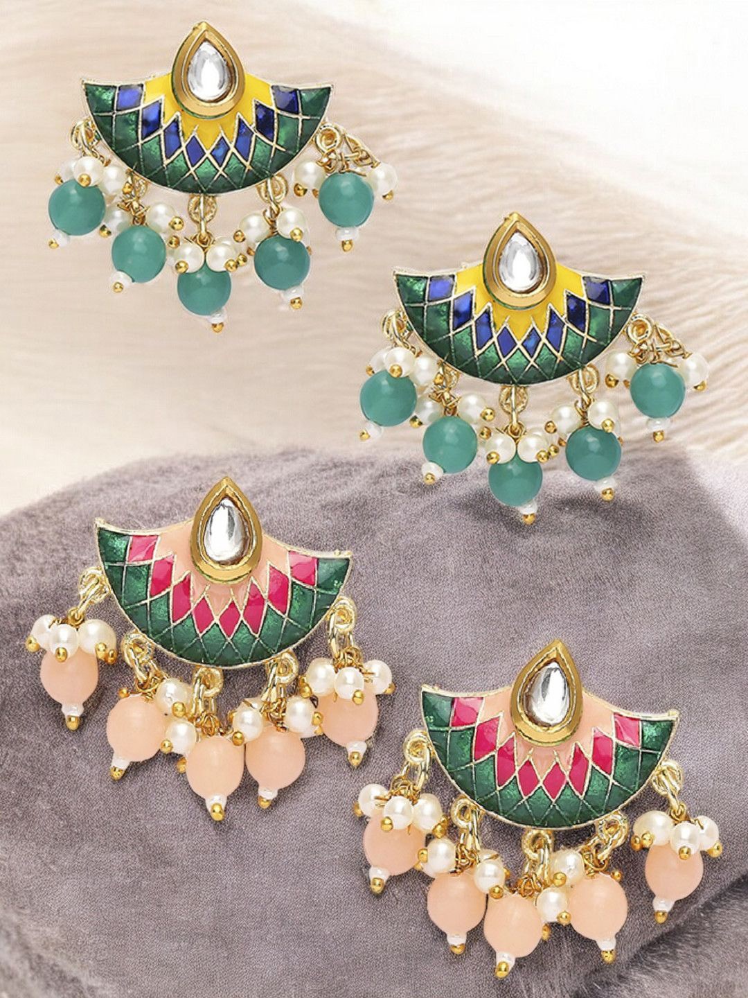 

OOMPH Set Of 2 Meenakari Floral Kundan Studded & Beaded Drop Earrings, Gold