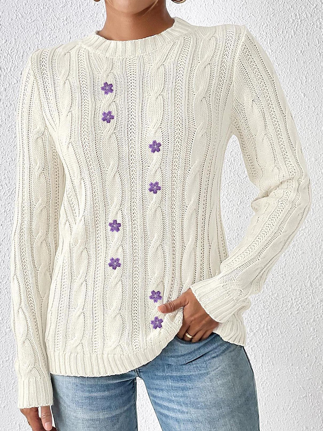 

StyleCast x Revolte Women Round Neck Long Sleeves Cable Knit Pullover with Applique Detail, White