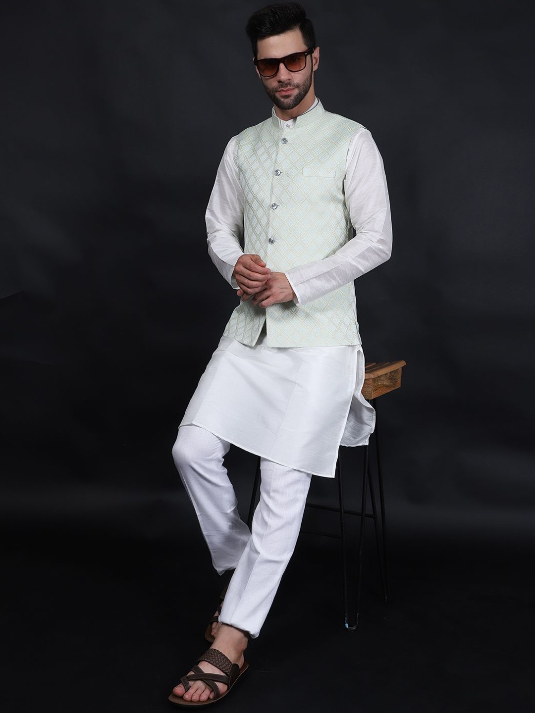 

Wintage Mandarin Collar Cotton Silk Straight Kurta with Pyjamas & Nehru Jacket, White