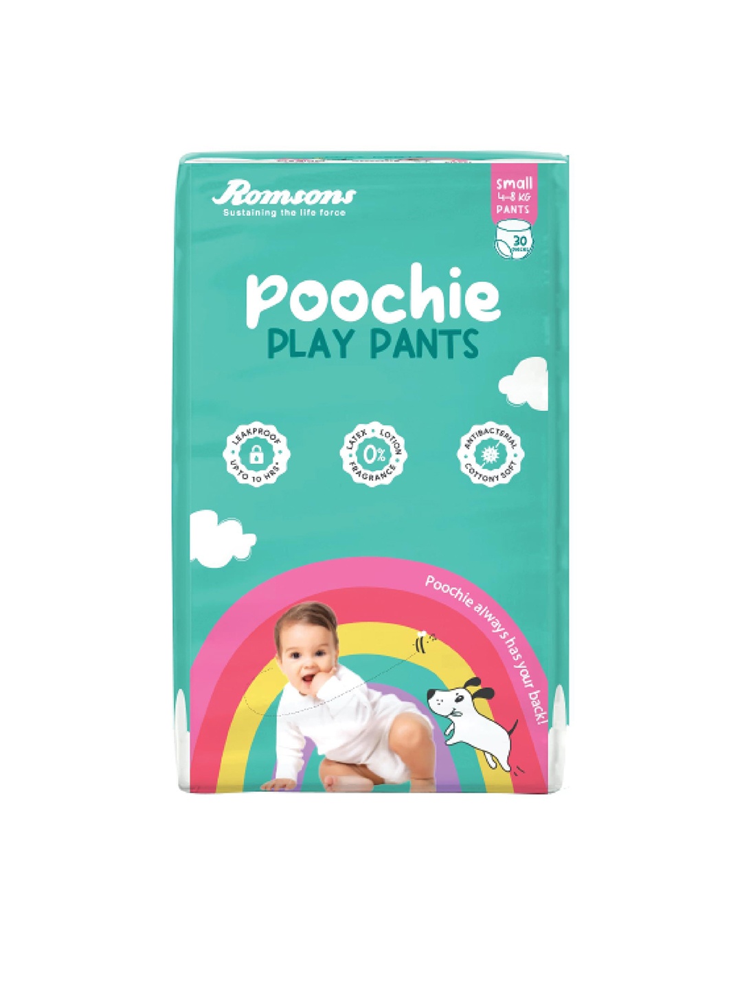 

Romsons Poochie Set Of 30 Play Pants Leakproof 4-8 Kg Baby Diapers- Small, White