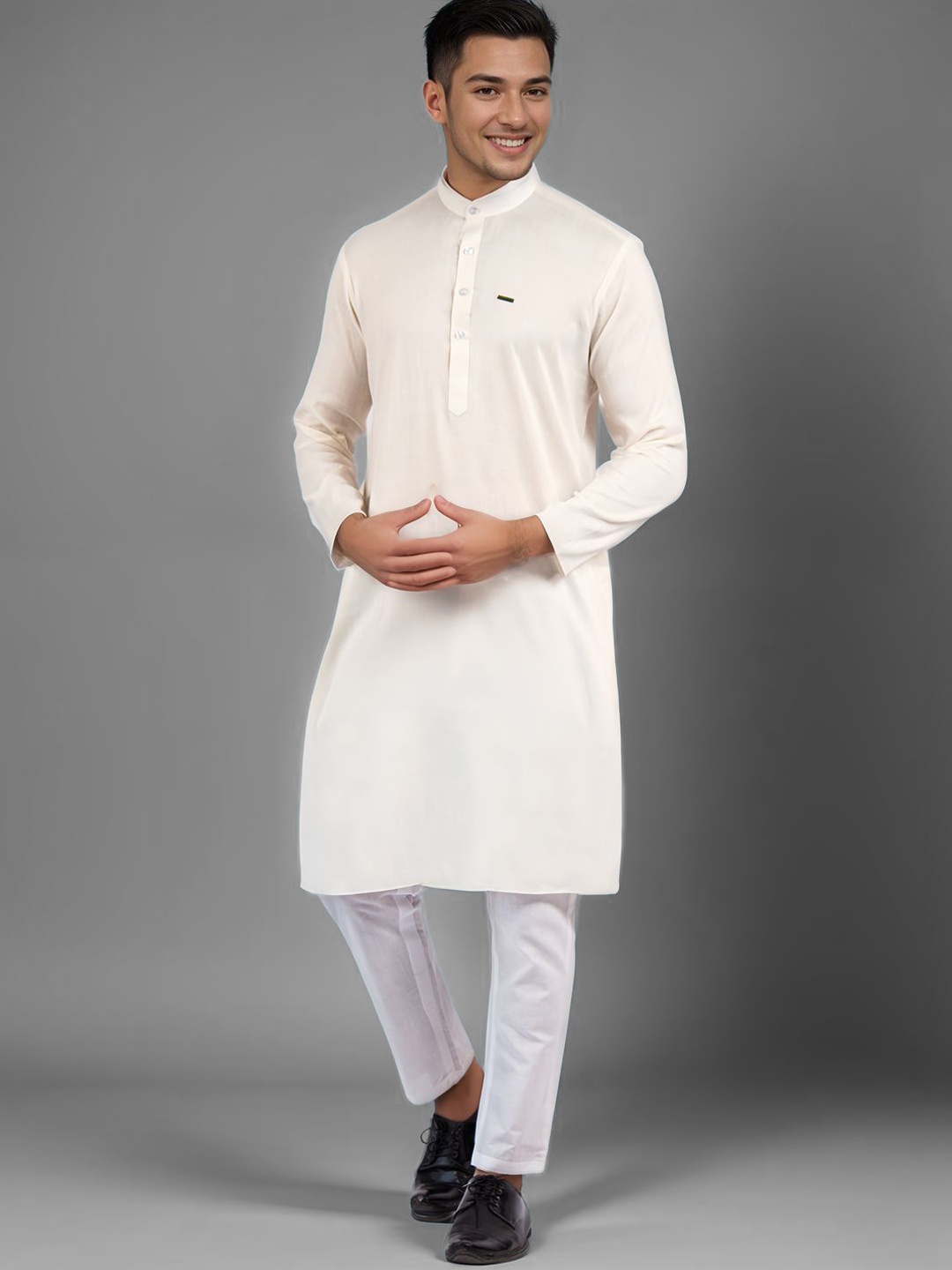 

DEVOILER Mandarin Collar Cotton Straight Kurta, Off white