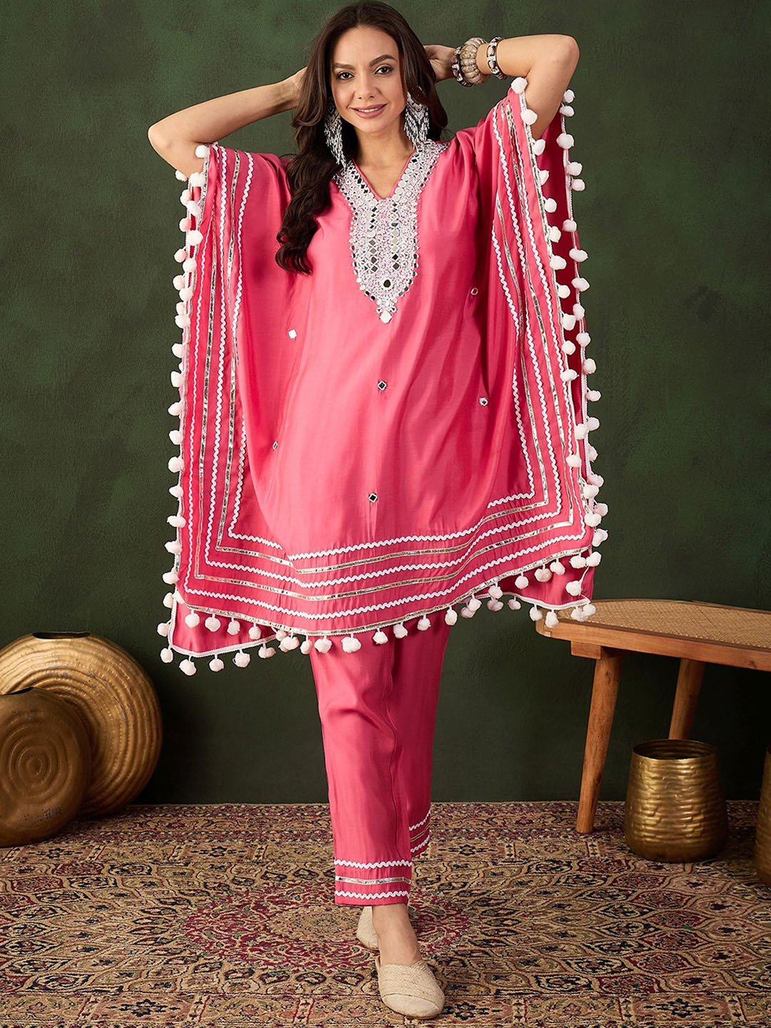 

Sangria Pink Geometric Embroidered Mirror Work Roman Silk Kurta With Trouser
