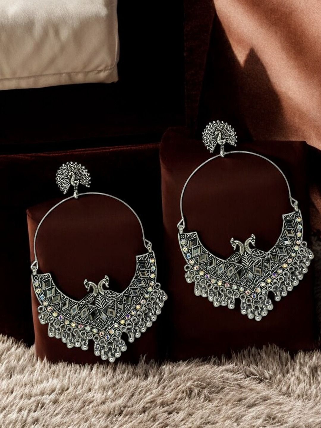 

FEMMIBELLA Silver-Plated Circular Stone Studded Oxidized Drop Earrings