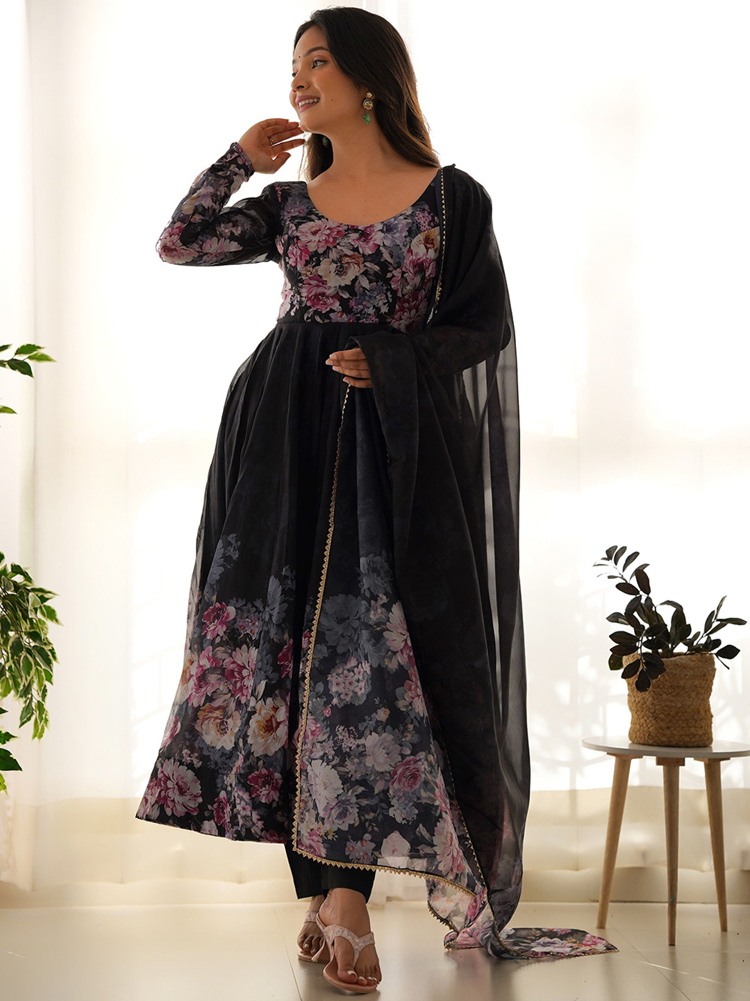 

KALINI Floral Printed Anarkali Kurta with Trousers & Dupatta, Black