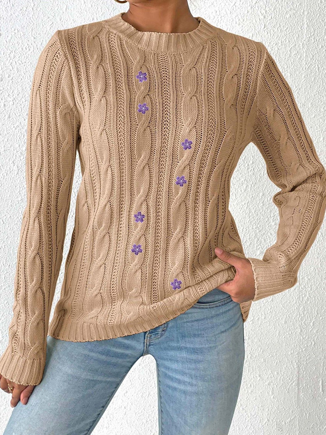 

StyleCast x Revolte Women Cable Knit Pullover with Applique Detail, Khaki