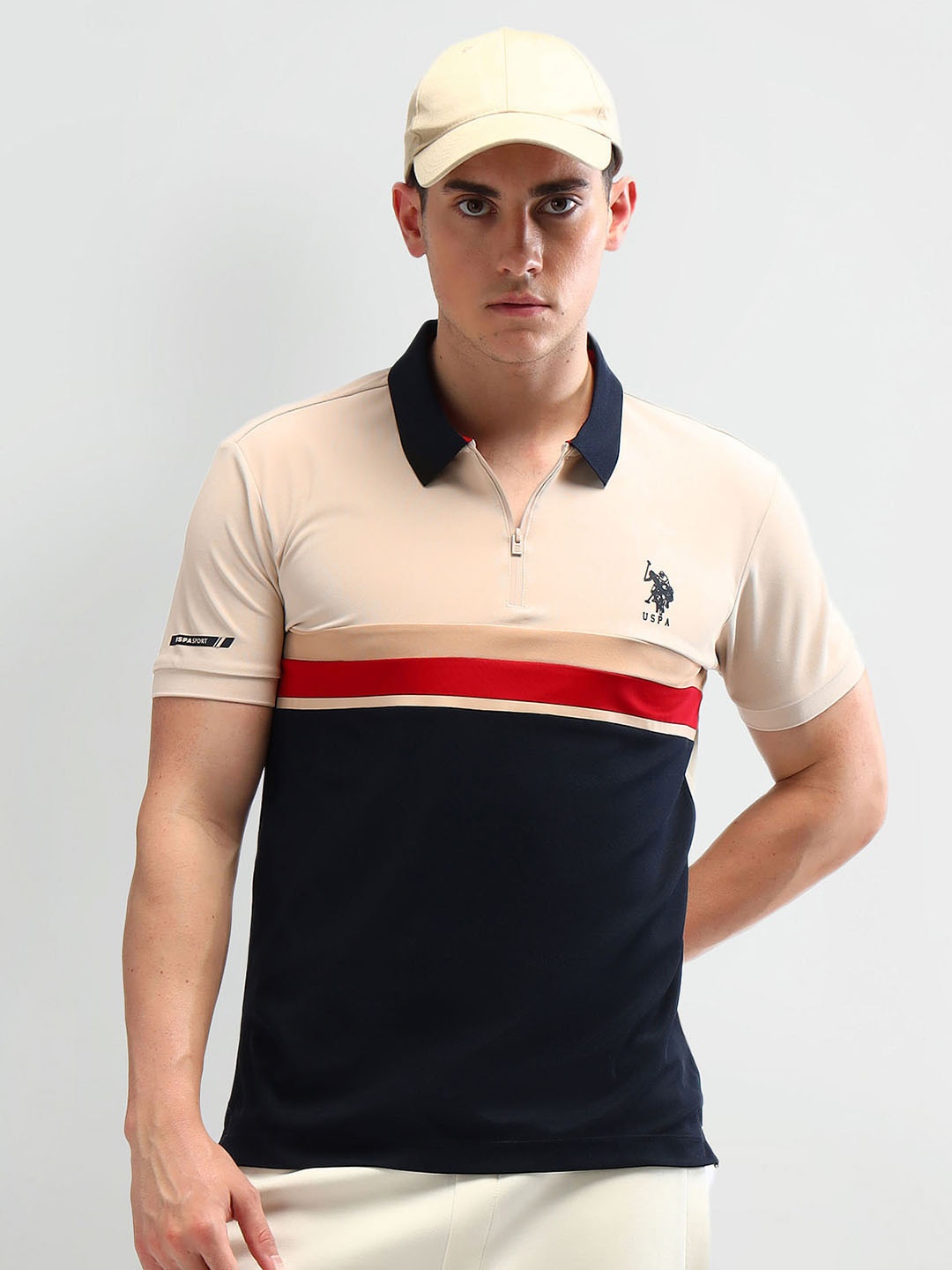 

U.S. Polo Assn. Men Colourblocked Polo Collar Slim Fit T-shirt, Beige