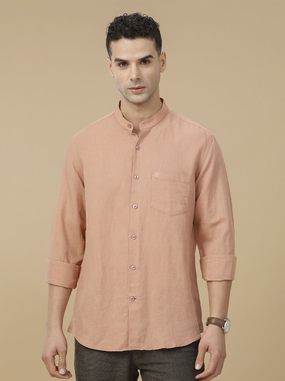 

Linen Club Contemporary Slim Fit Mandarin Collar Linen Cotton Casual Shirt, Peach