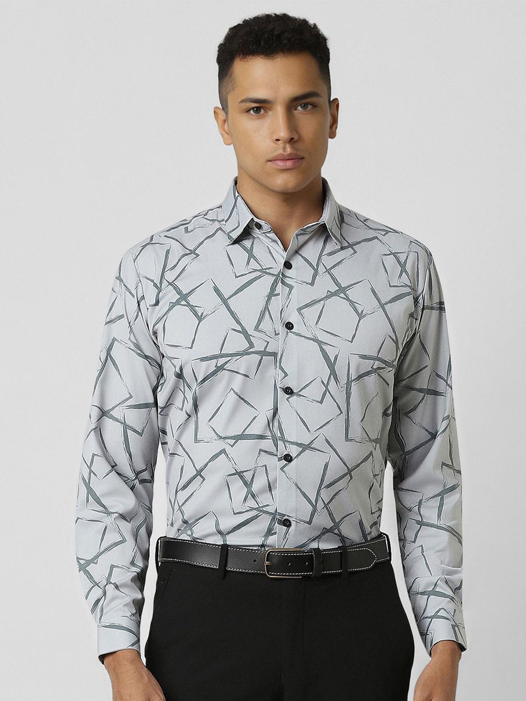 

V Dot Men Slim Fit Opaque Printed Party Shirt, Grey