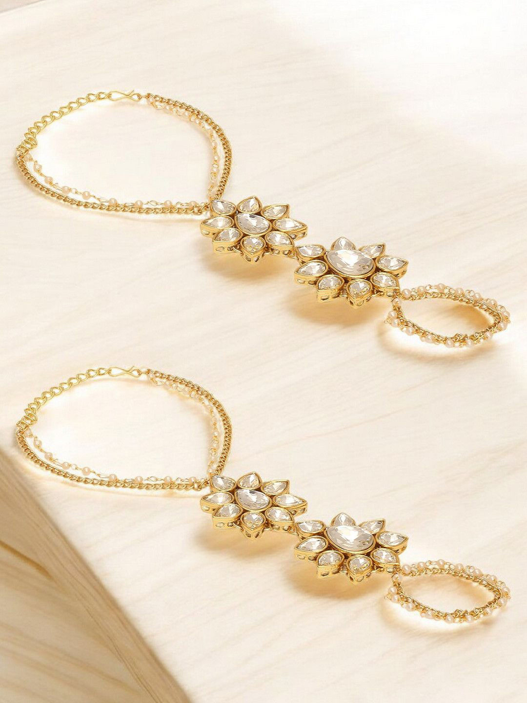 

OOMPH Set of 2 Kundan Stone Studded & Beaded Hathphool Hathpanja Ring Bracelets, Gold
