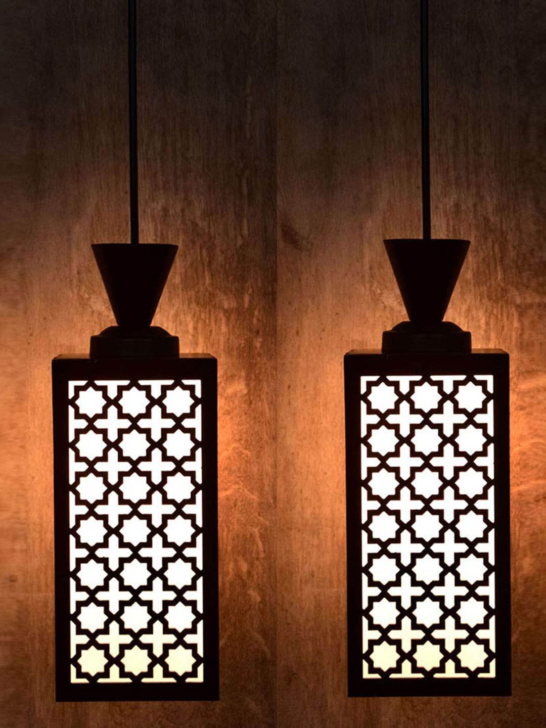 

Gojeeva Black & White 2 Pieces Textured Contemporary Wooden Rectangle Shaped Hanging Lamp