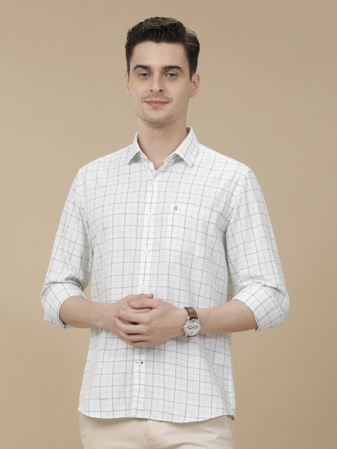 

CAVALLO by Linen Club Contemporary Slim Fit Windowpane Checks Checked Casual Shirt, White