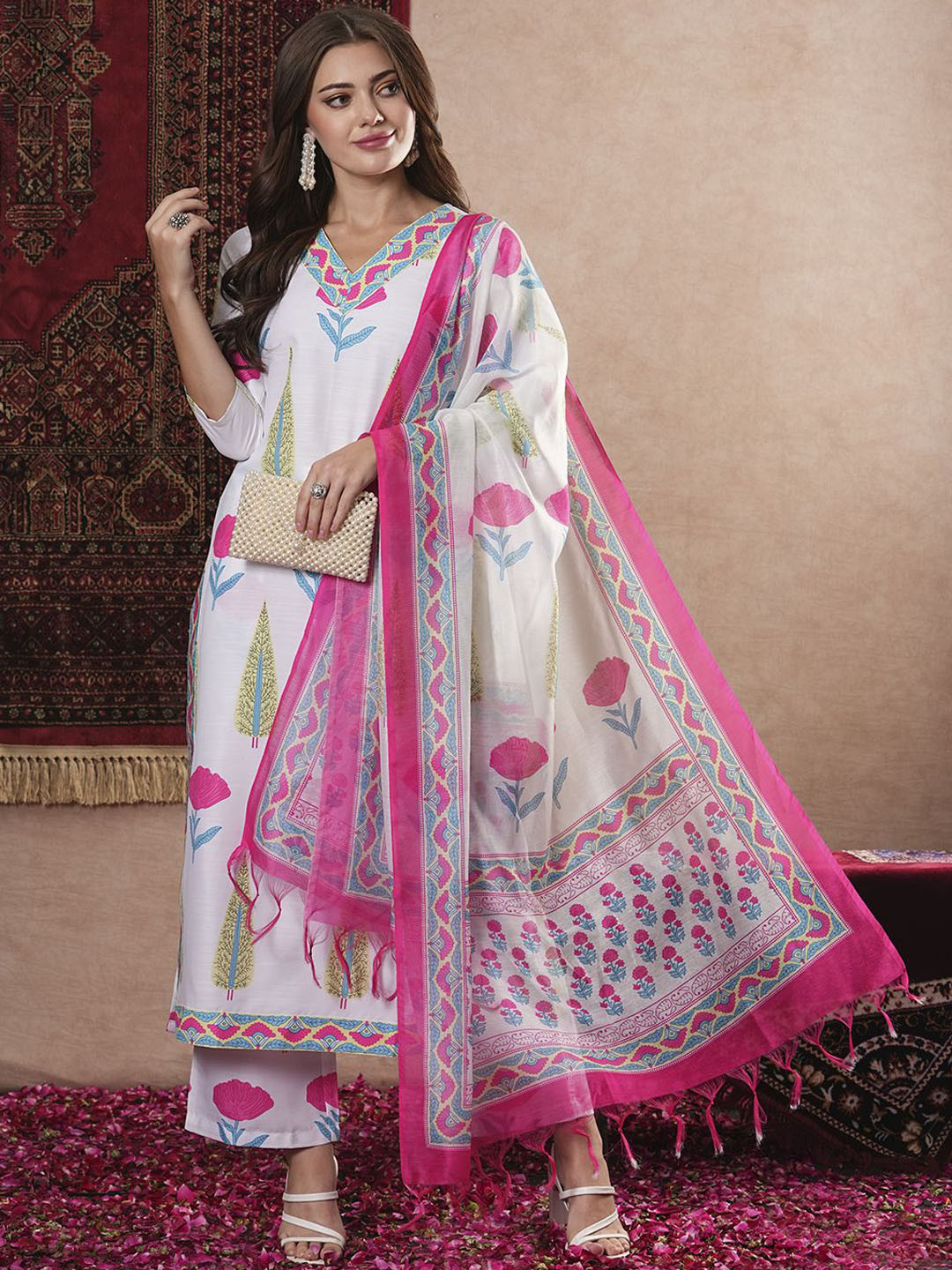 

GoSriKi Floral Printed V-Neck Straight Kurta With Trousers & Dupatta, White