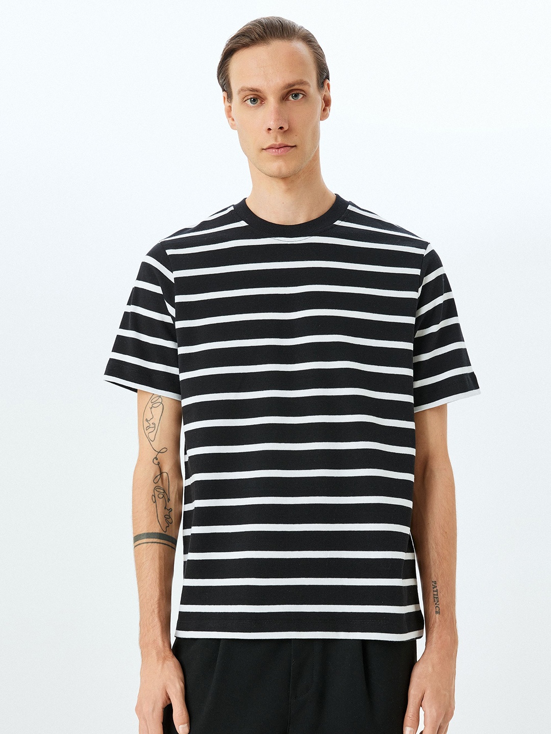 

Koton Men Striped Round Neck Cotton T-shirt, Black