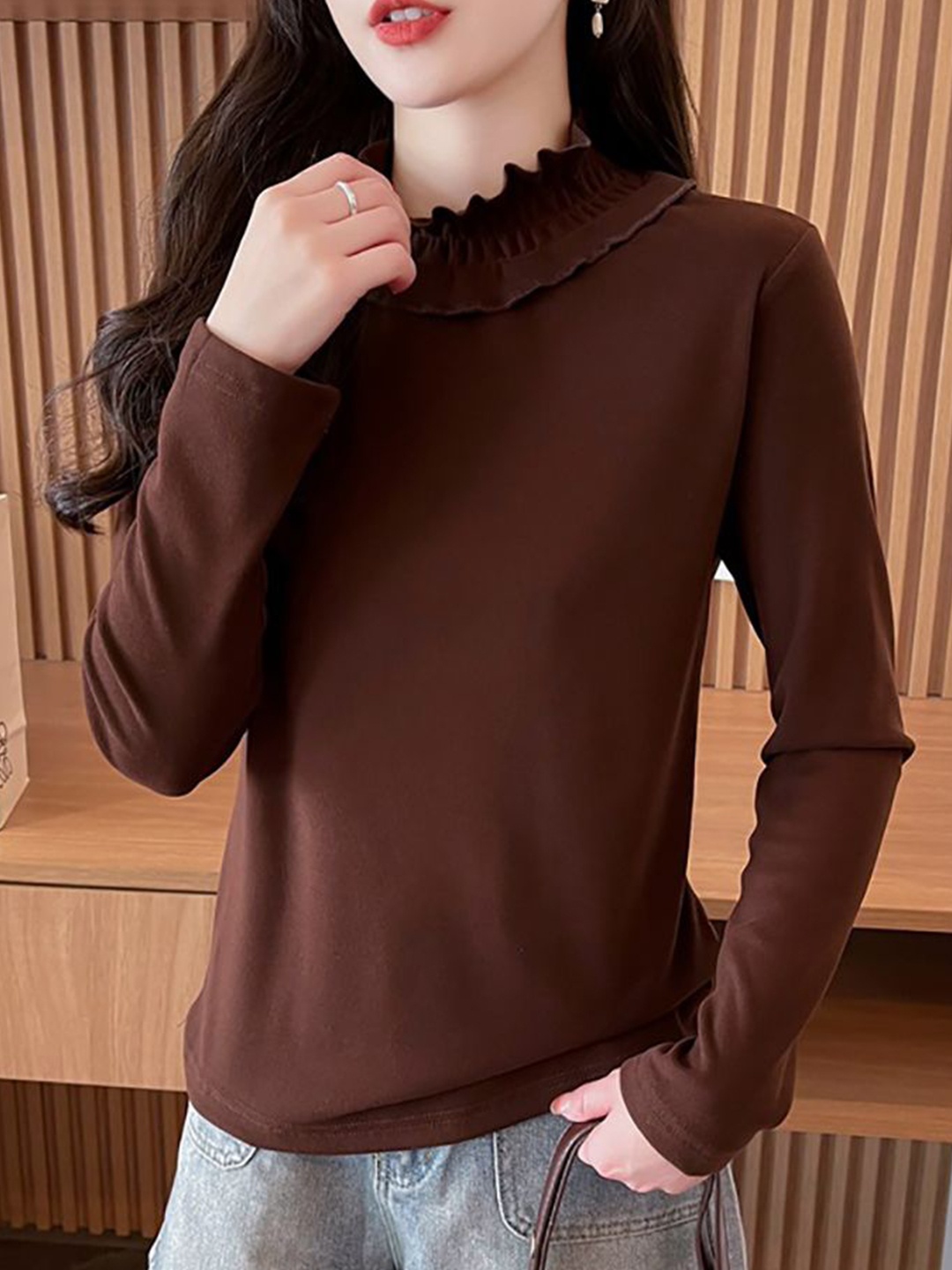 

StyleCast x Revolte Women High Neck Ruffles Top, Coffee brown
