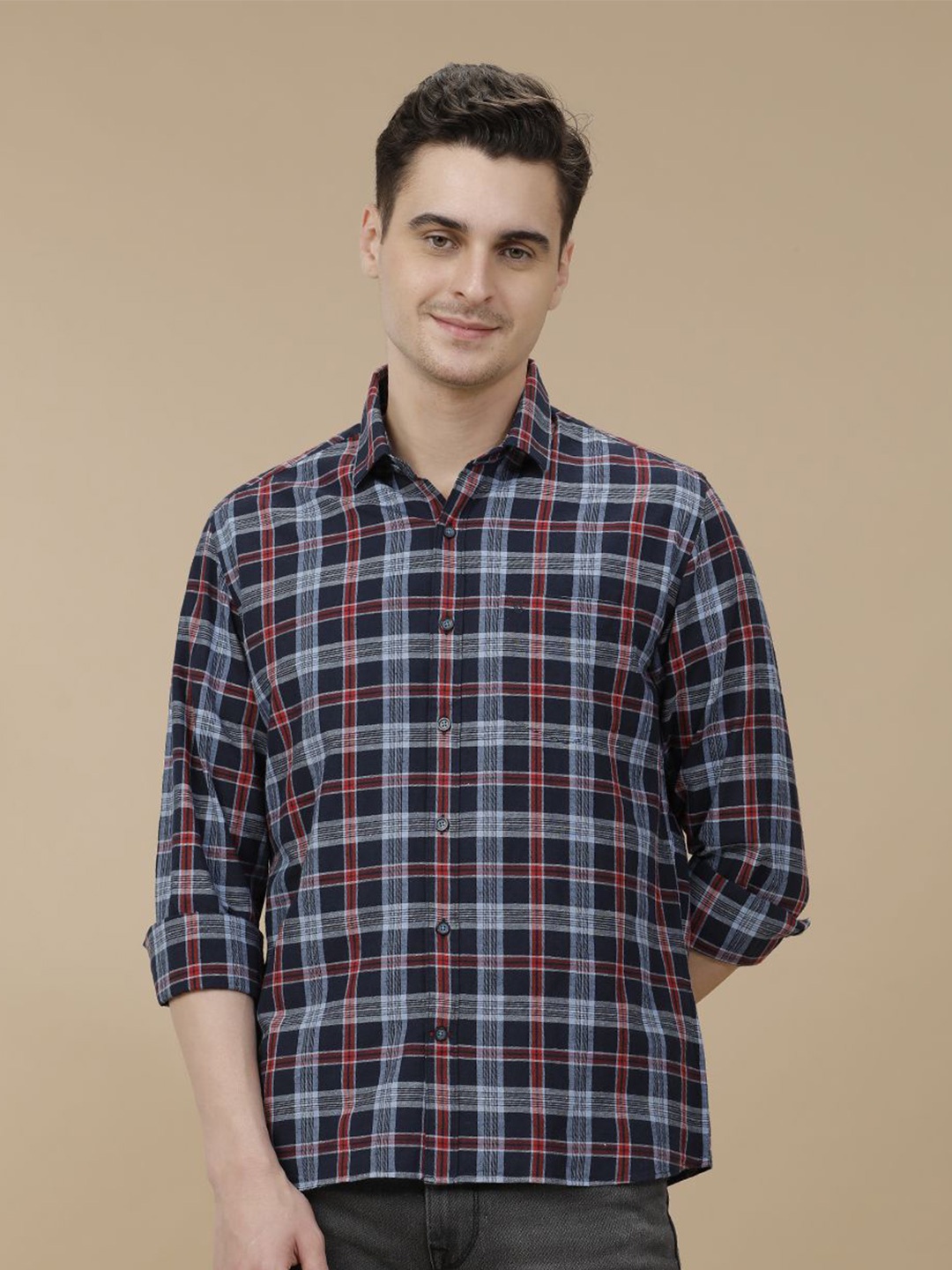 

CAVALLO by Linen Club Contemporary Slim Fit Windowpane Checked Casual Shirt, Blue