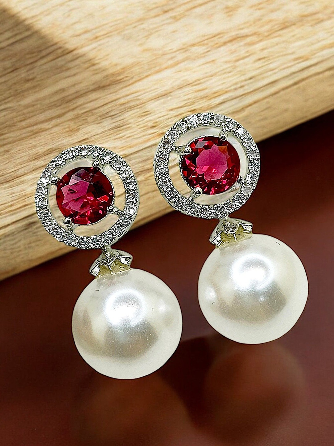 

FEMMIBELLA Silver-Plated Circular American Diamond Ruby and Pearl Drop Earrings