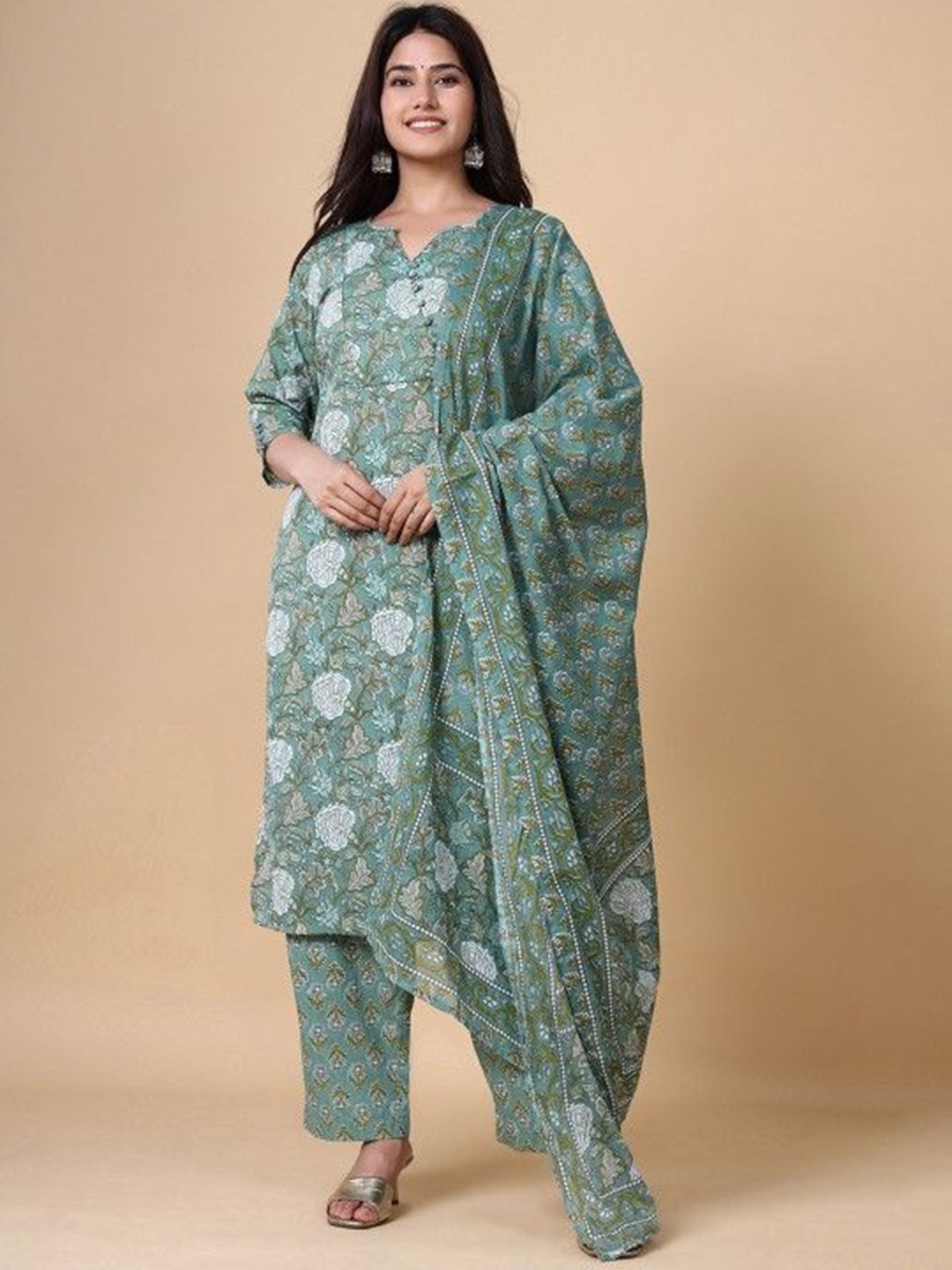 

Chandbaali Floral Printed Pure Cotton Straight Kurta With Palazzos & Dupatta, Green