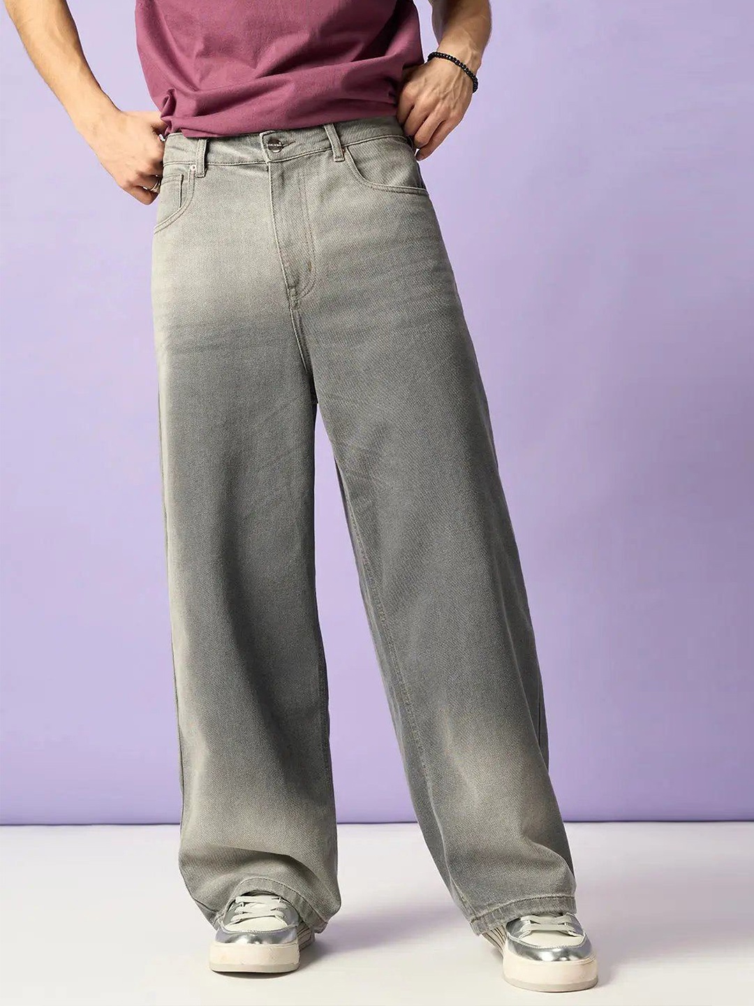 

FREAKINS Men Jean Wide Leg Heavy Fade Cotton Jeans, Grey