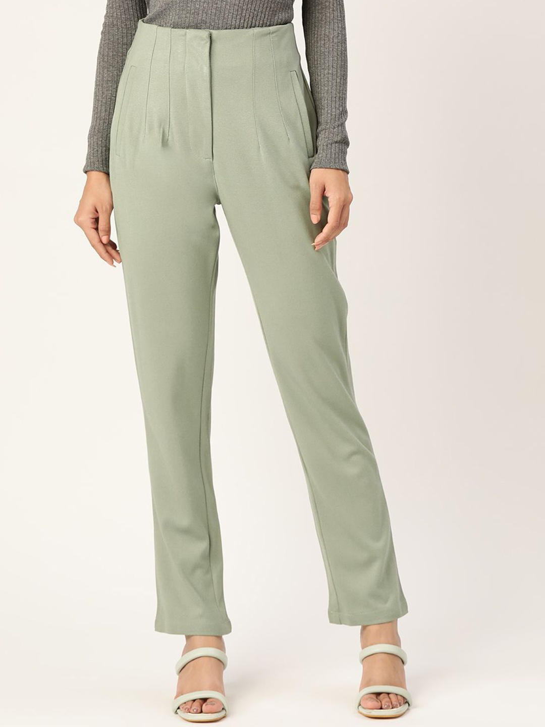 

Zastraa Women Smart Slim Fit High-Rise Pleated Peg Trousers, Sea green