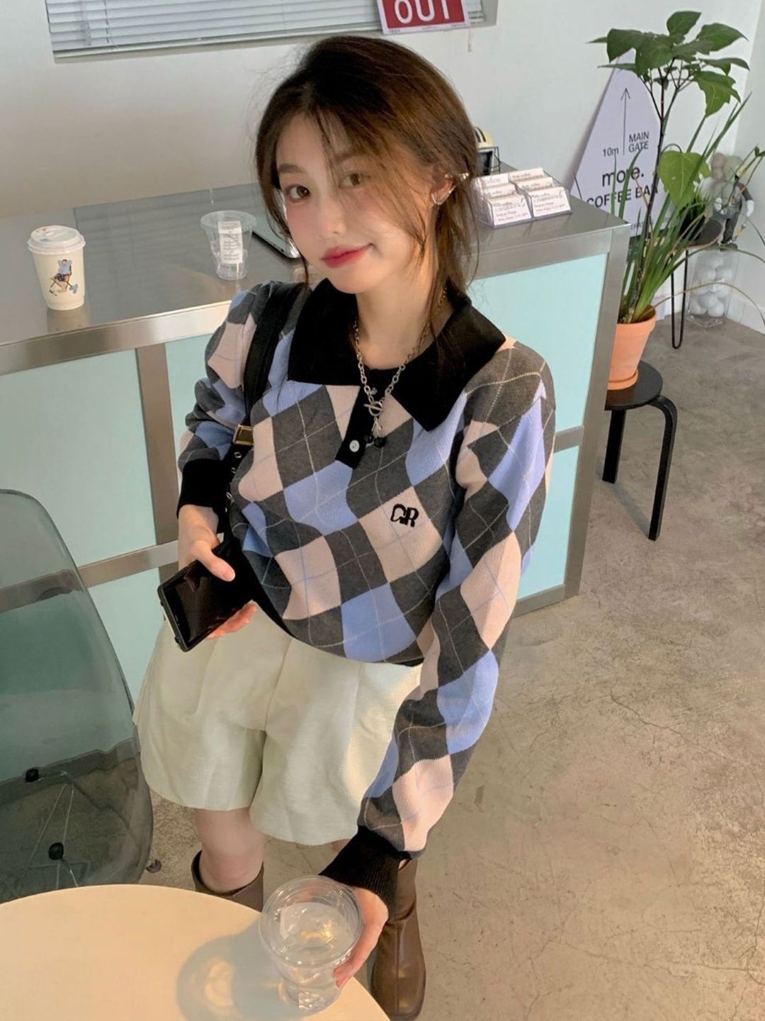 

StyleCast Women Checked Lapel Collar Long Sleeves Pullover, Black