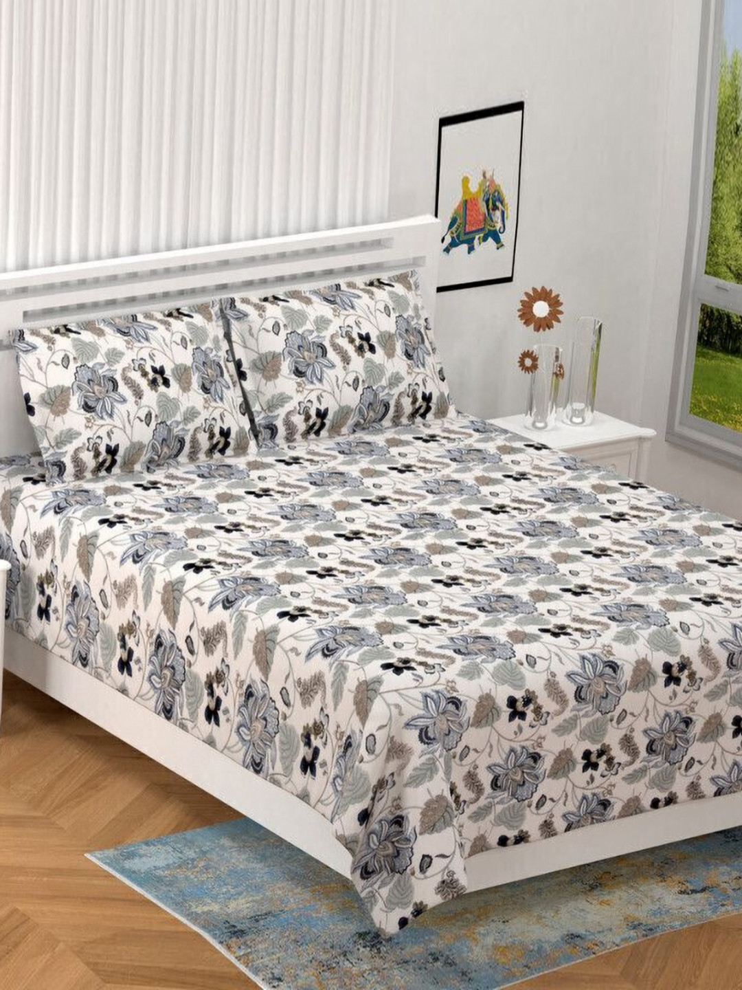 

BILBERRY Furnishing by preeti grover Blue & Cream-Coloured Floral 180 TC King Bedsheet Set