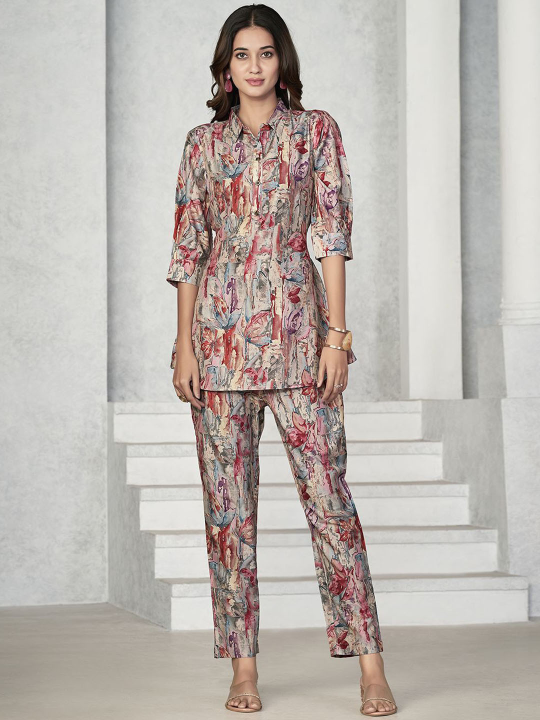 

DressBerry Magenta Abstract Printed Shirt Collar Three-Quarter Sleeves Top With Trouser