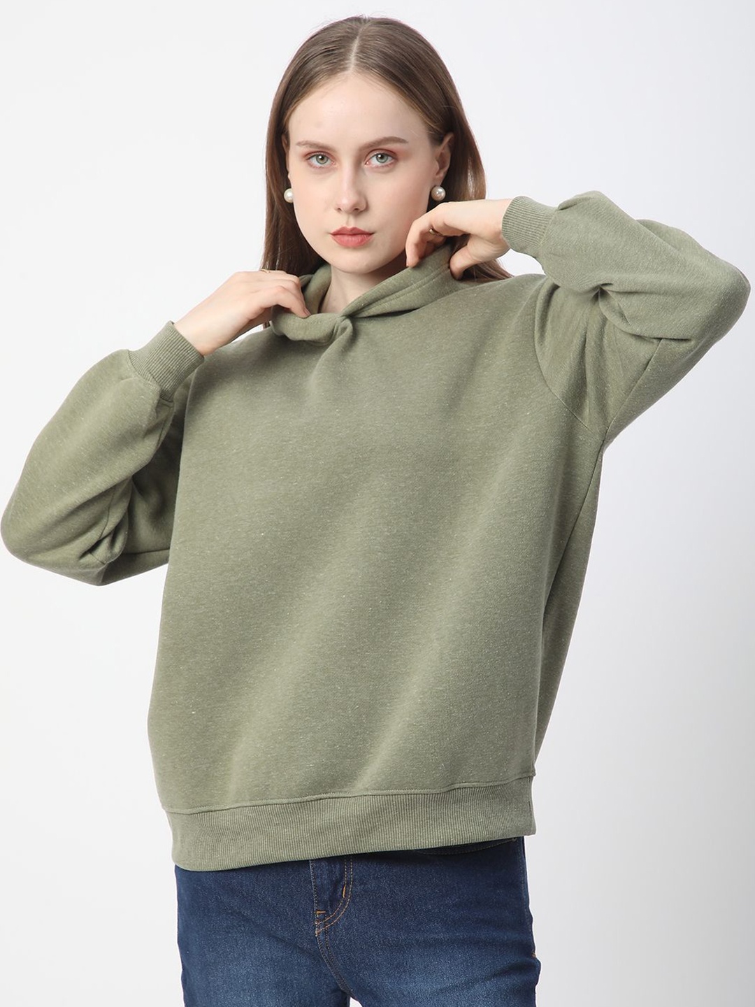 

R&B Women Cotton Long Sleeves Hooded Sweatshirt, Green