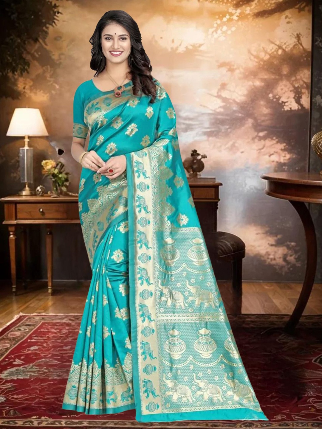 

KALINI Ethnic Motifs Zari Banarasi Saree, Turquoise blue