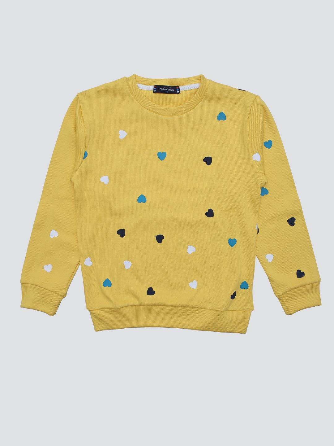

White Snow Girls Printed Round Neck Long Sleeve Pullover Sweatshirt, Yellow