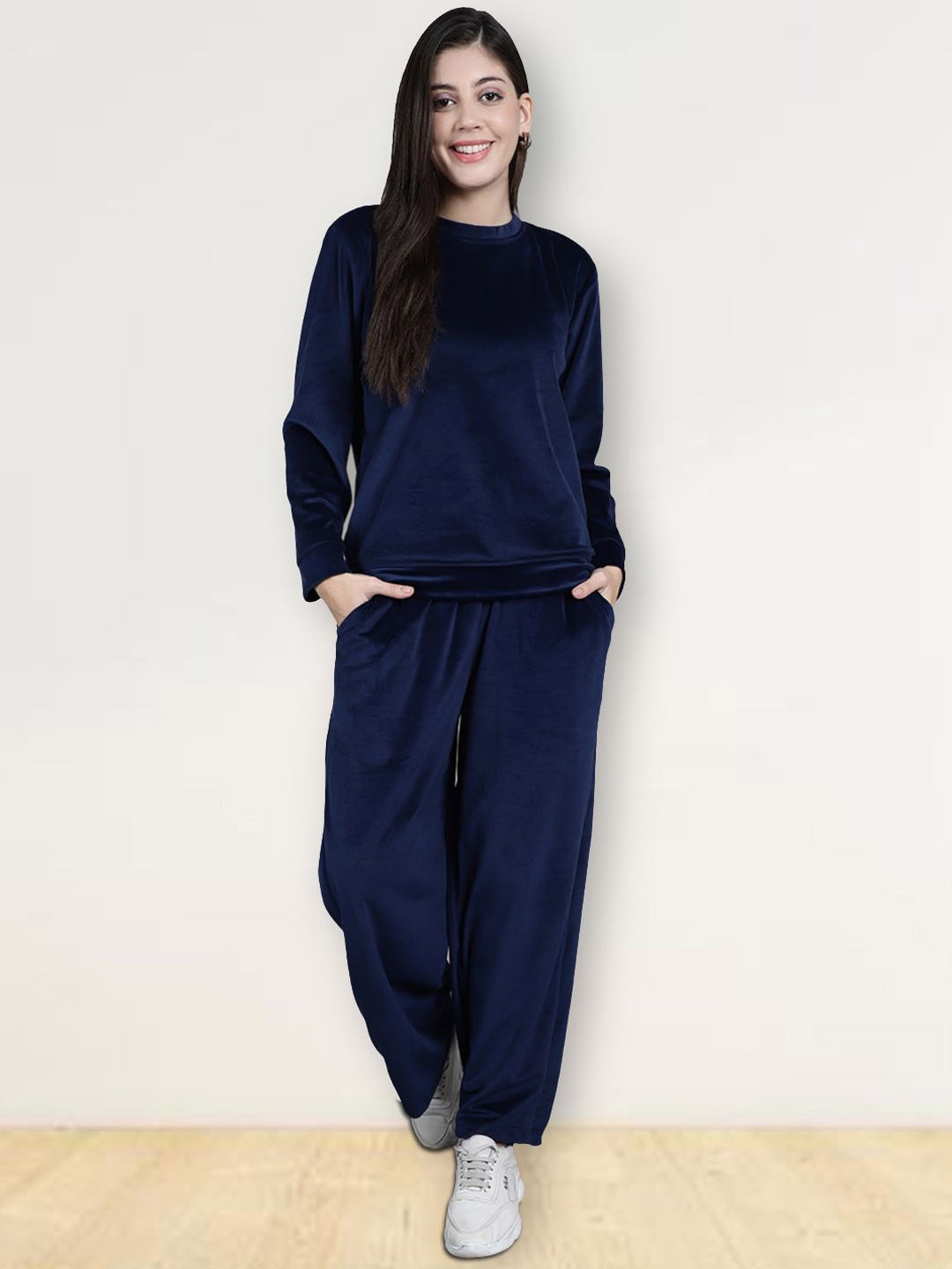 

Jinfo Women Round Neck Long Sleeves T-Shirt & Trousers Winter Co-Ords, Navy blue