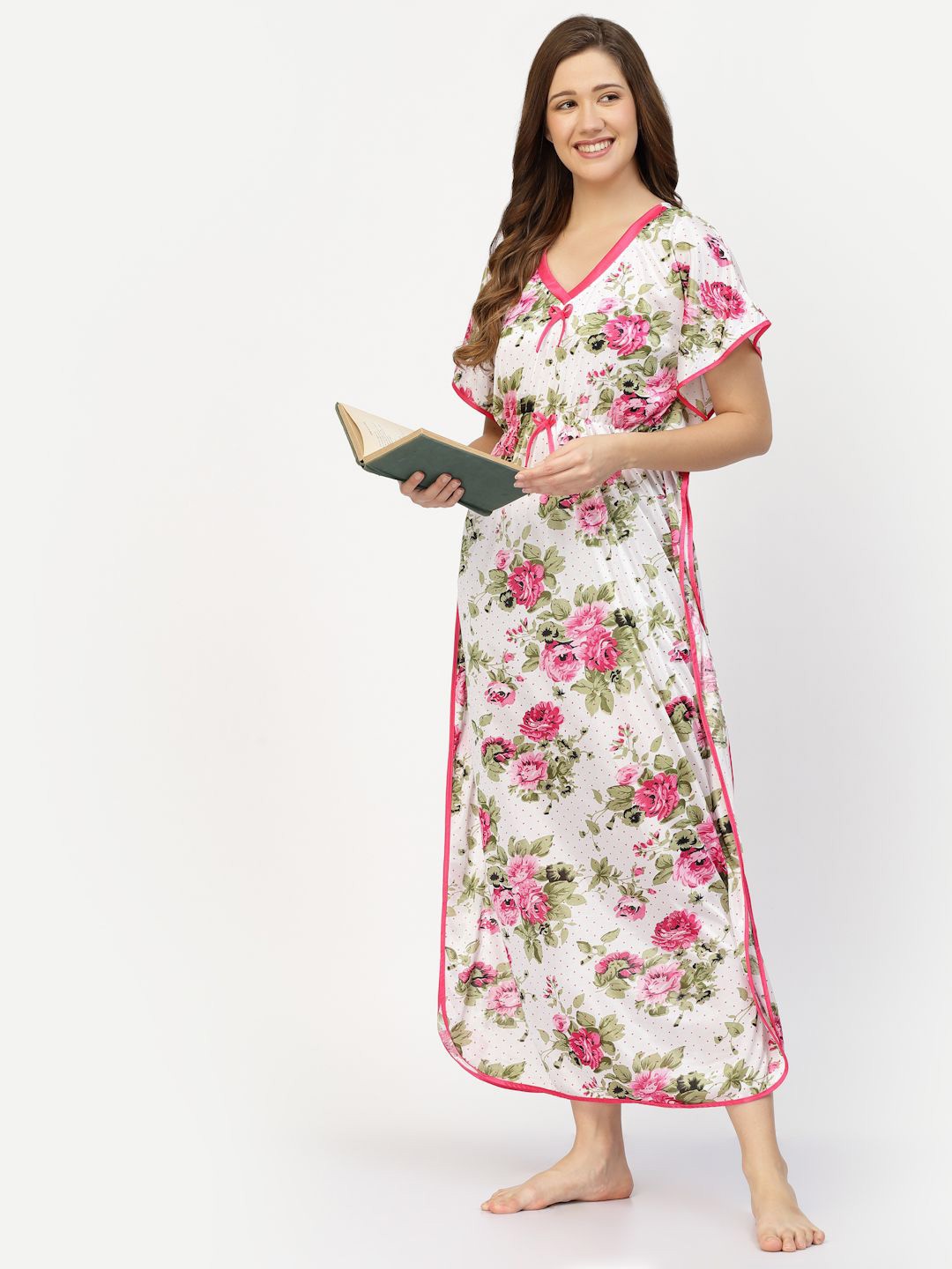 

CHUI MUI Women Floral Printed V-neck Kaftan Maxi Nightdress, White