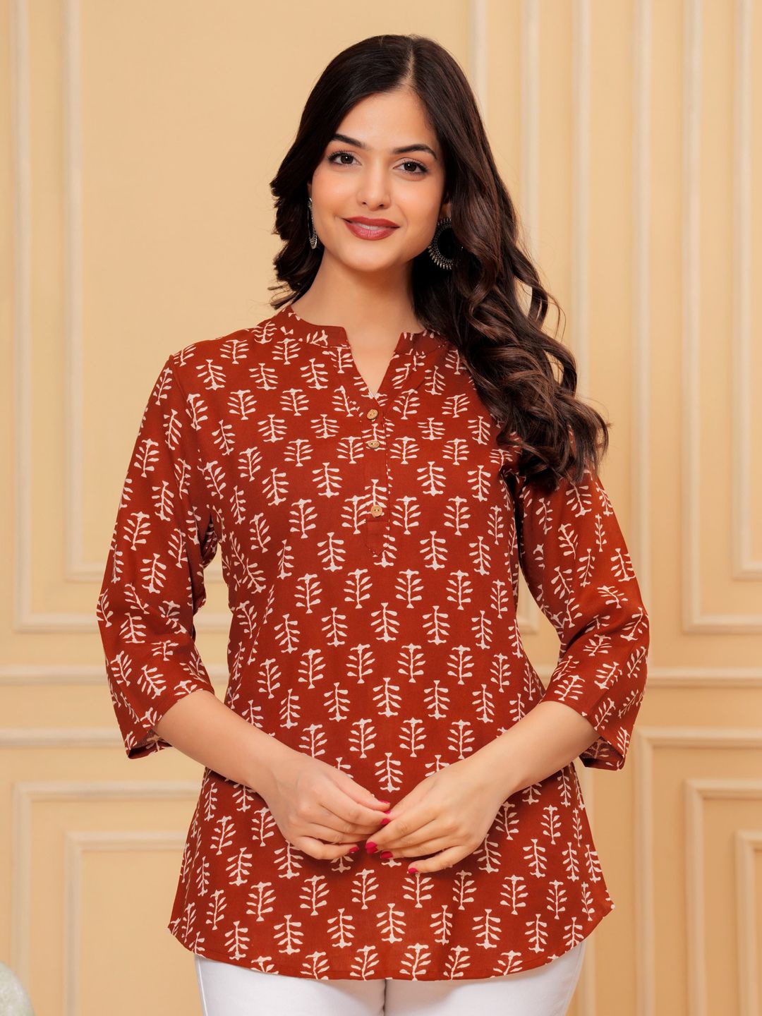 

Siya Fashion Ethnic Motifs Printed Pure Cotton A-Line Kurti, Rust