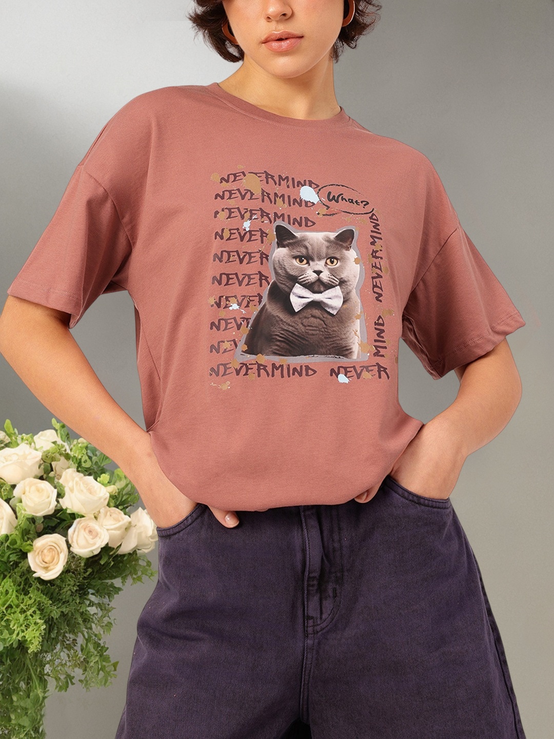 

DressBerry Cat-titude Cool Printed Oversized T-shirt, Rust