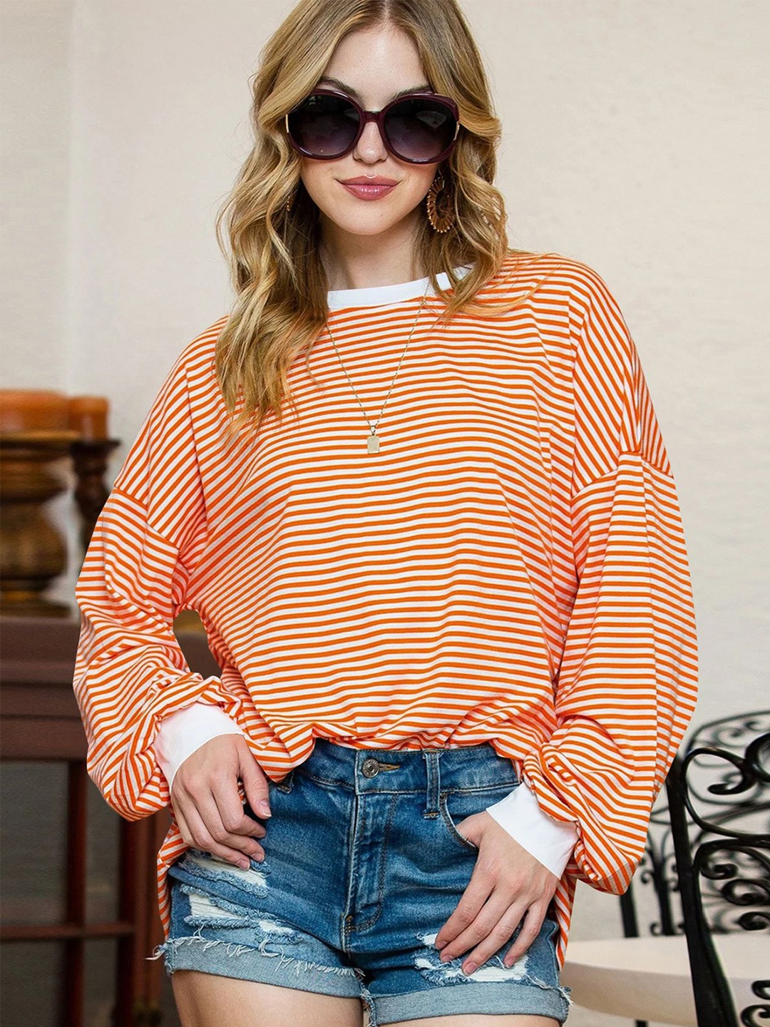 

StyleCast x Revolte Women Striped Round Neck Top, Orange