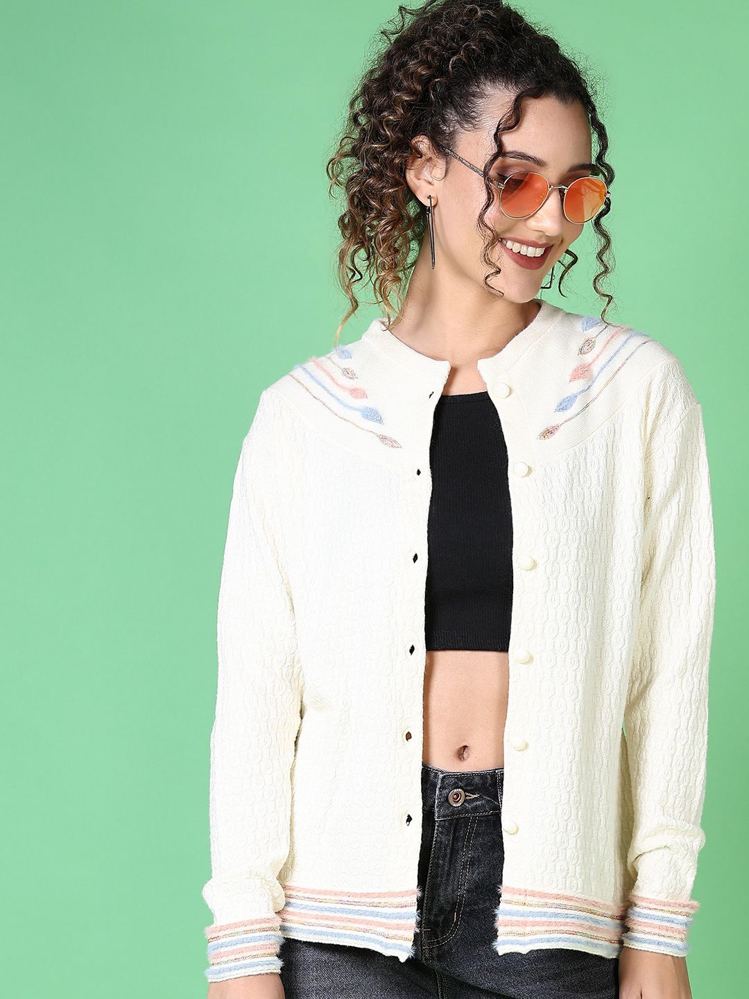 

V-Mart Women Cotton Round Neck Long Sleeves Cardigan, Cream