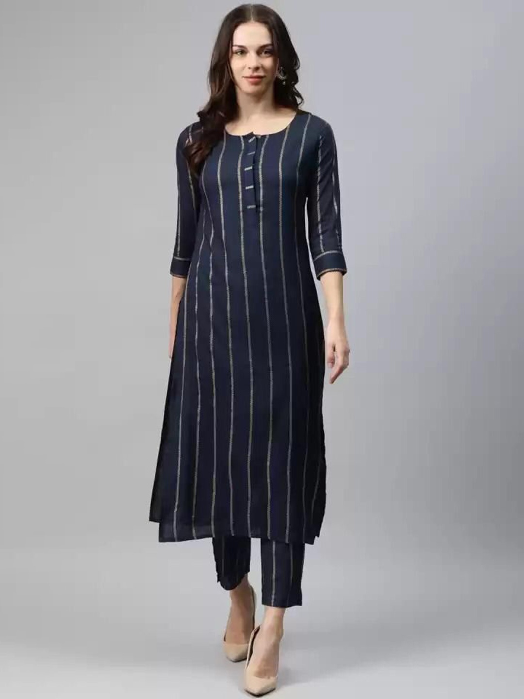 

KALINI Striped Regular Pure Cotton Kurta With Trousers, Blue