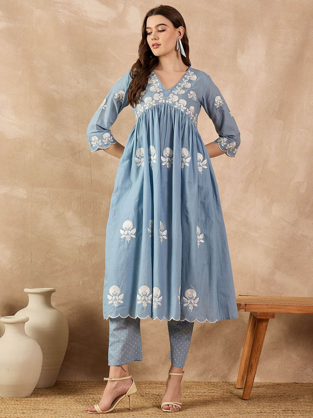 

all about you V-Neck Floral Embroidered Thread Work A-Line Kurta with Trousers, Blue