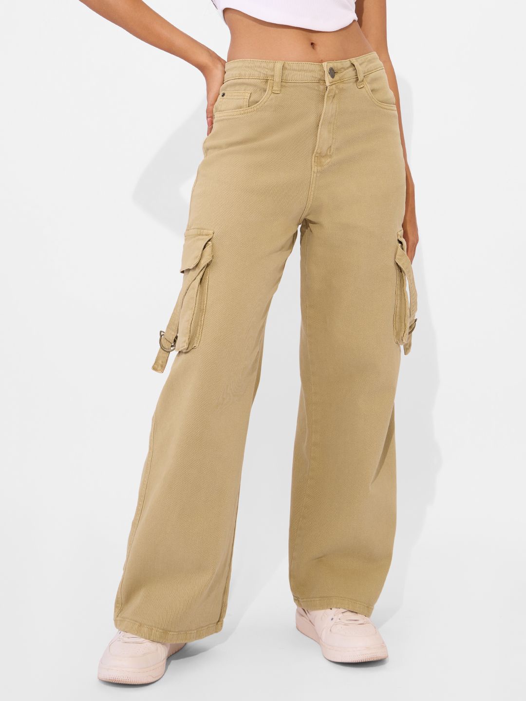 

The Souled Store Women Wide Leg Mid-Rise Stretchable Jeans, Camel brown