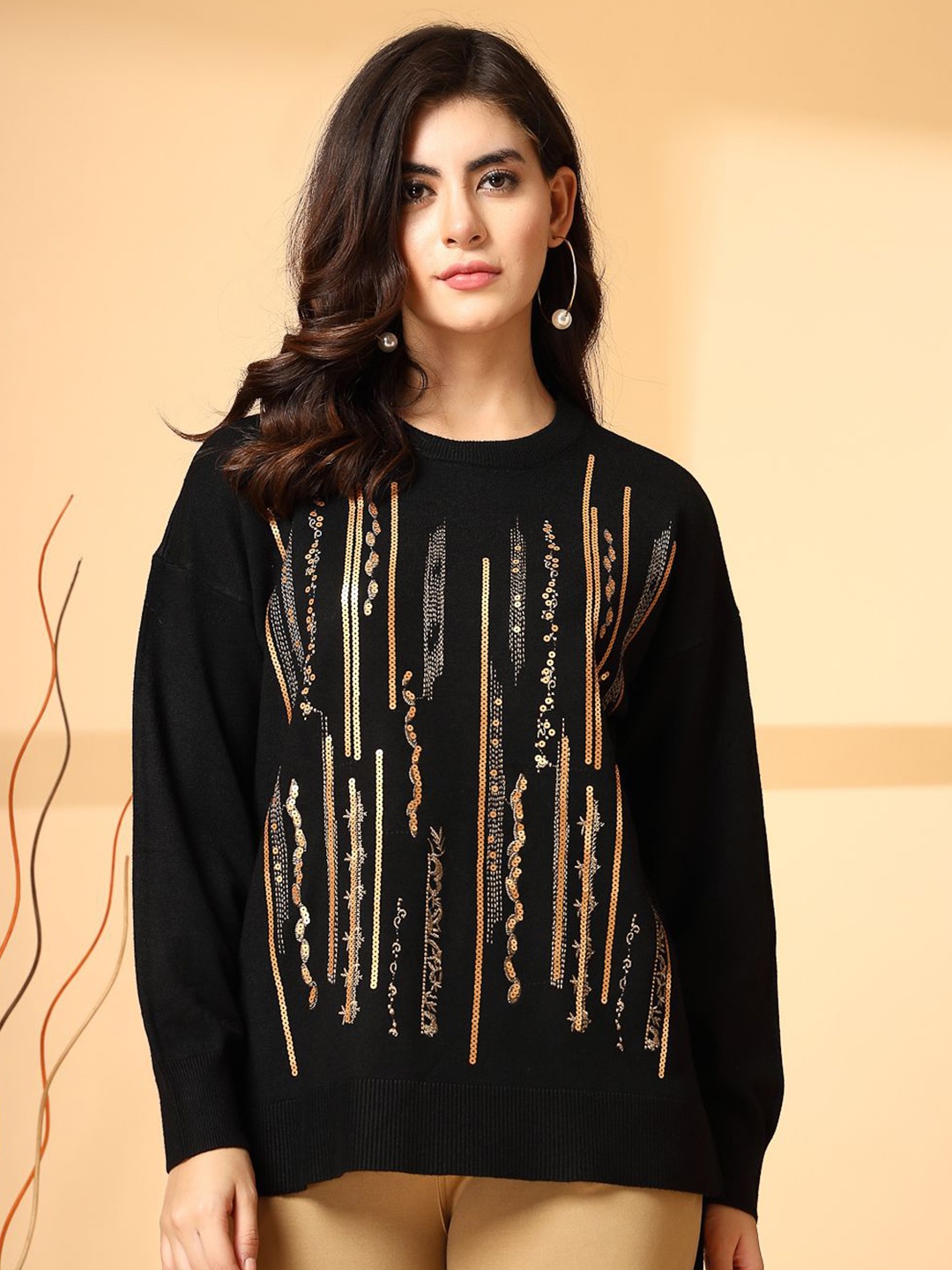 

Mafadeny Women Embellished Round Neck Long Sleeves Pullover Sweater, Black