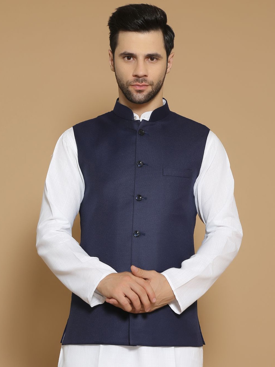 

Wintage Mandarin Collar White Romance Straight Kurta with Pyjamas & Nehru Jacket