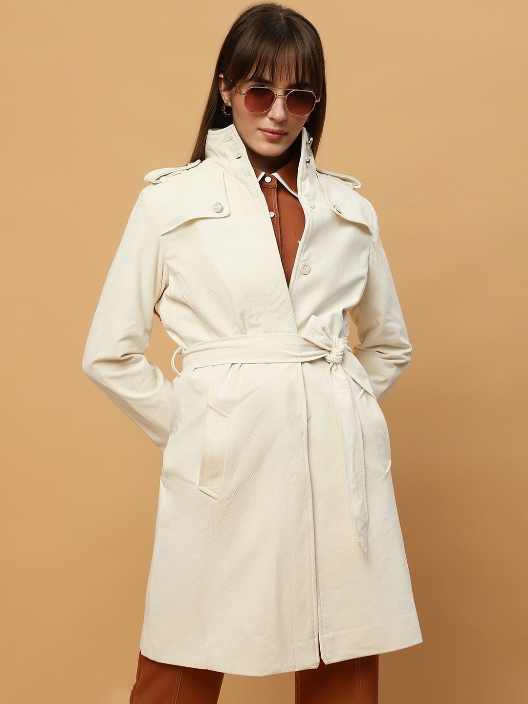 

Beatnik Women Front Open Long Sleeves Mock Collar Trench Coat With Belt, Off white