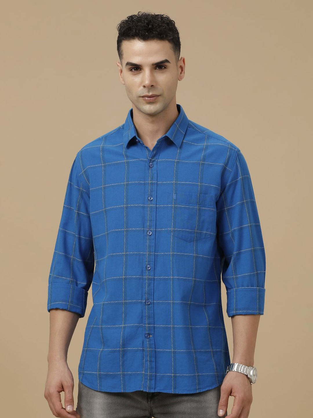 

CAVALLO by Linen Club Contemporary Slim Fit Windowpane Checks Checked Casual Shirt, Blue