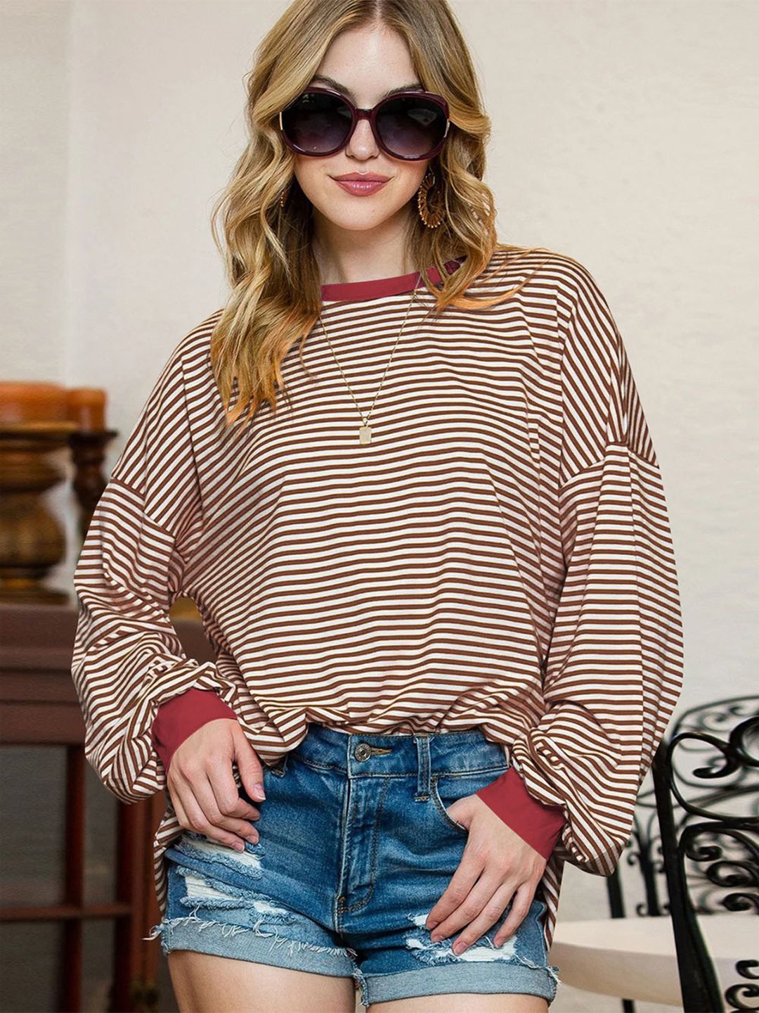 

StyleCast x Revolte Women Striped Round Neck Long Sleeves Top, Red