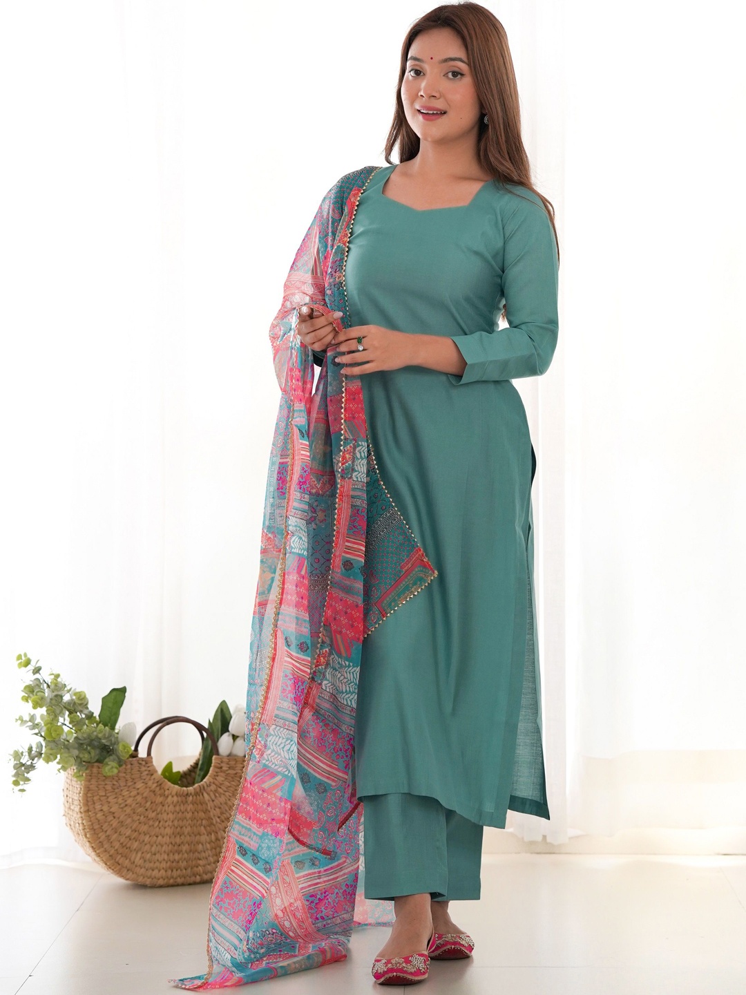 

KALINI Sweetheart Neck Straight Kurta with Trousers & Dupatta, Blue