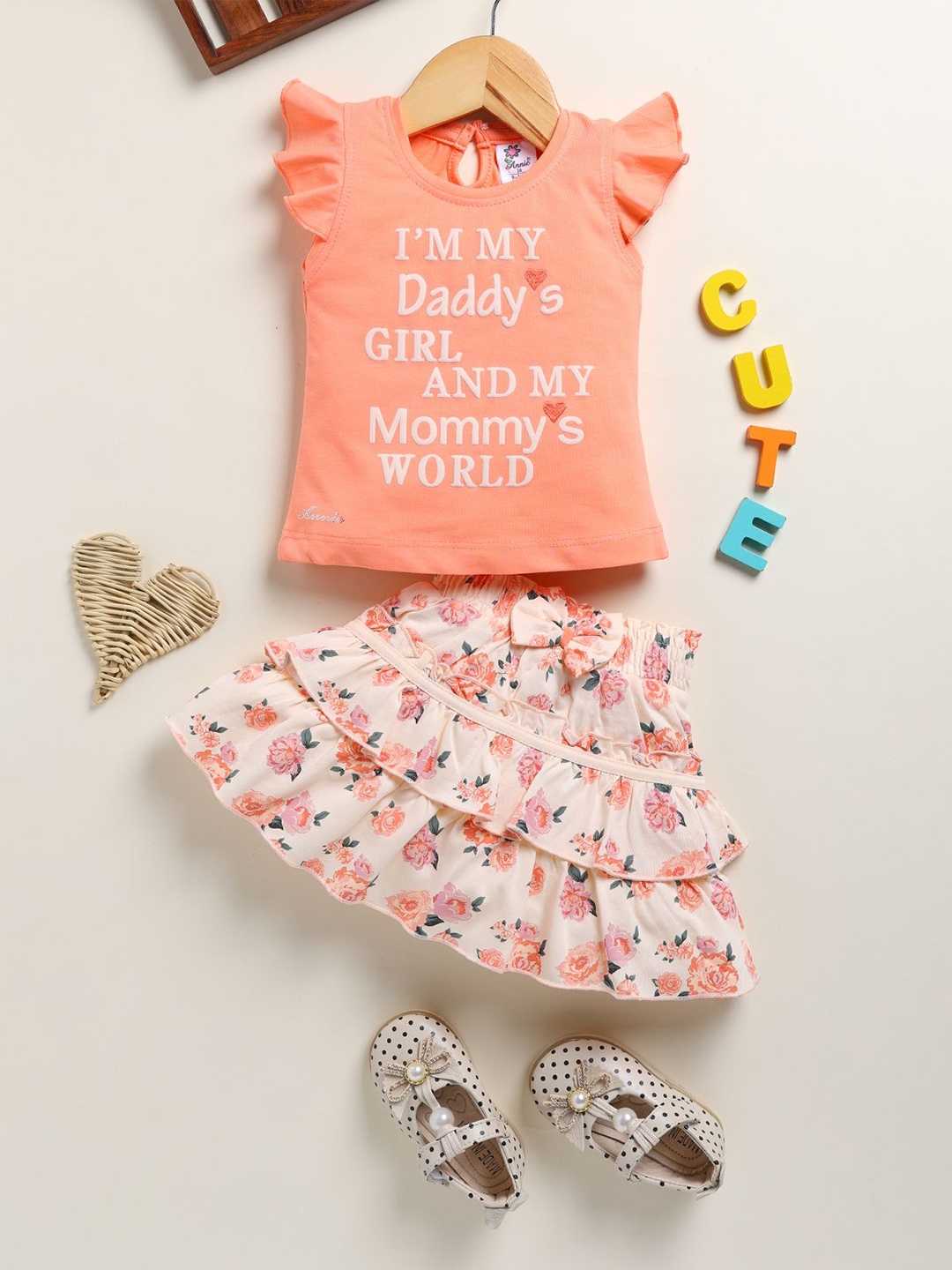 

Annie Girls Printed Pure Cotton Top with Skirt, Peach